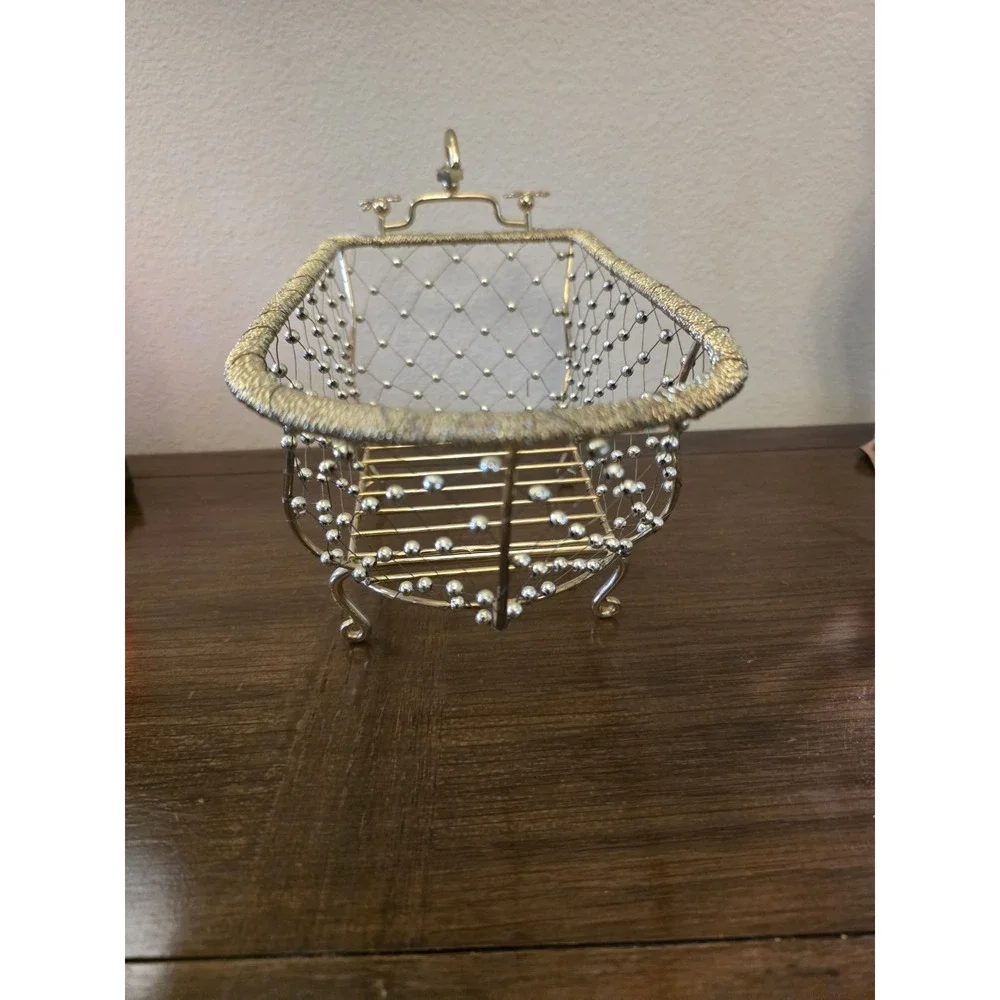 Gold Wire Beaded Clawfoot Bathtub Basket Bathroom Vanity Caddy Towel Soap Holder